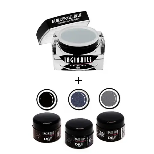 KOMPLET Inginails Professional Storm Gray - Builder Gel Blue 10ml + 3 suhi barvni geli